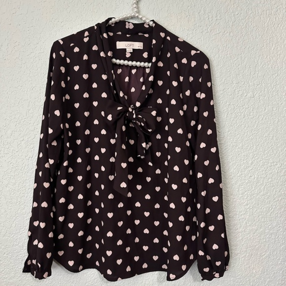 Ann Taylor Loft Heart Print Bow Tie Blouse SP‎